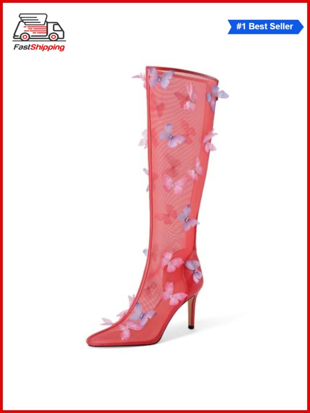 Clear Knee High Boots Butterfly Pointed Toe Stiletto Heels Mesh Dress Boots